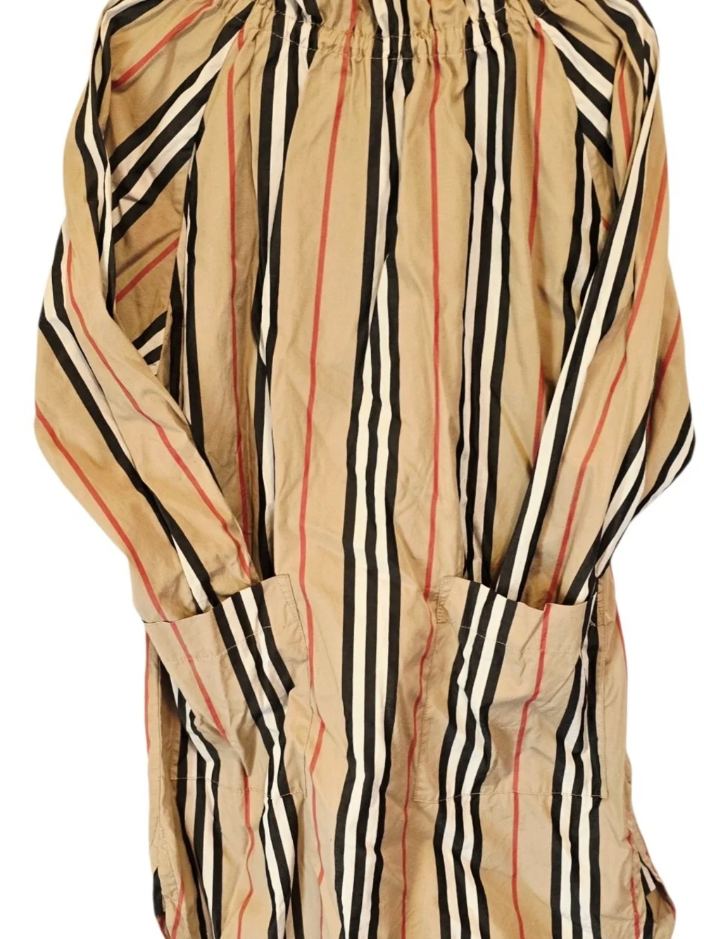 Burberry Beige Striped Button-Front Kids Dress with Black and Red Stripes